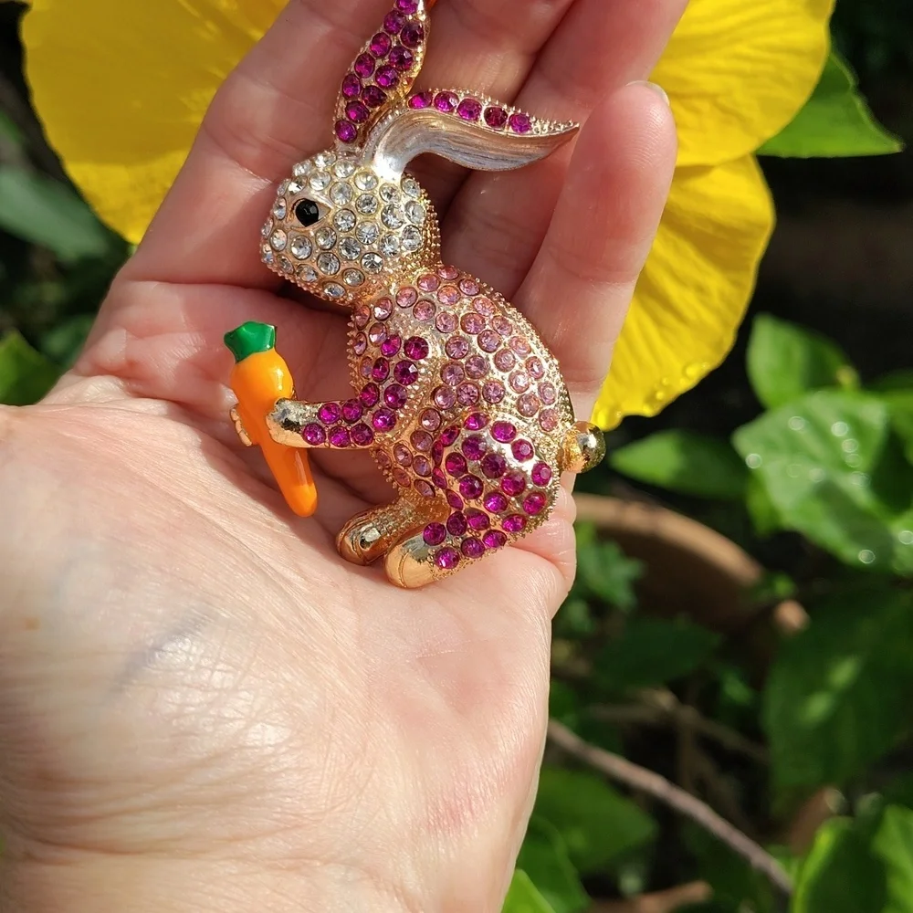 New! Bunny Brooch – Gold Tone with Colorful Faux Stones